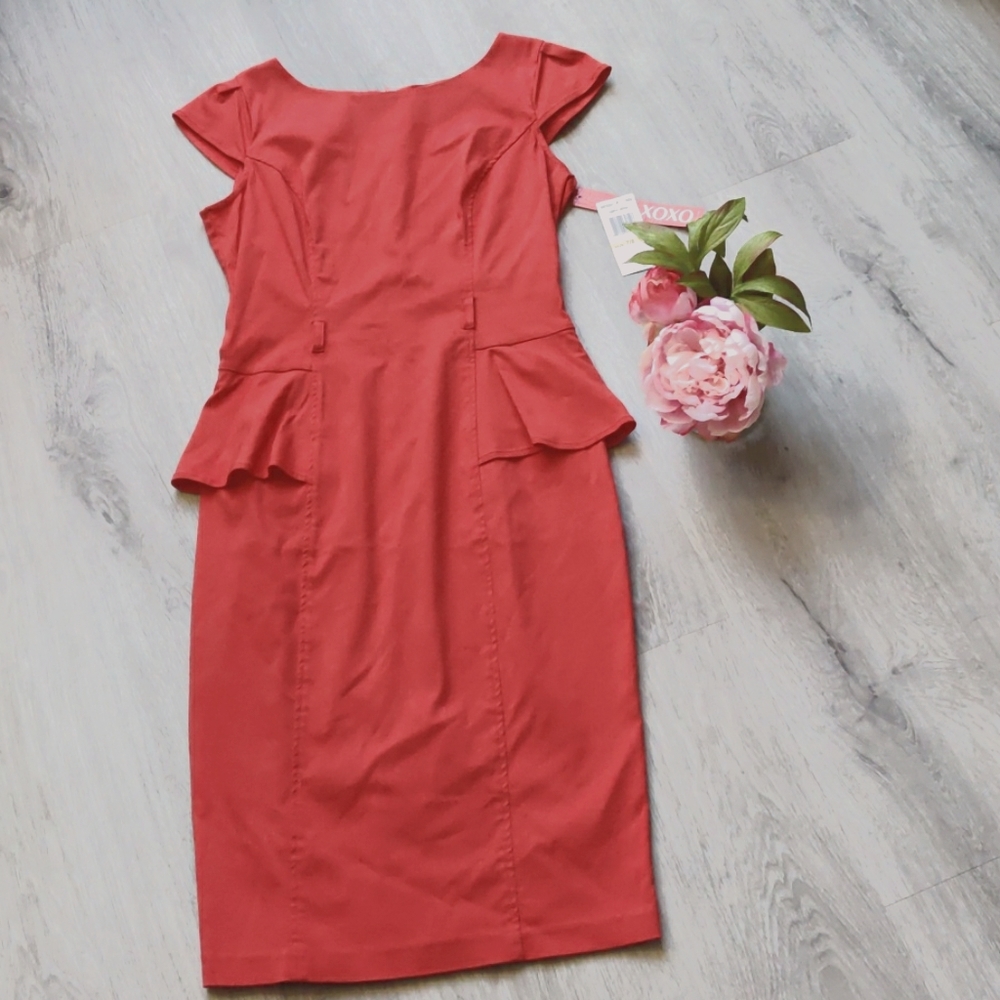 NWT XOXO Red Peplum Midi Pencil Dress With Cap Sleeve.